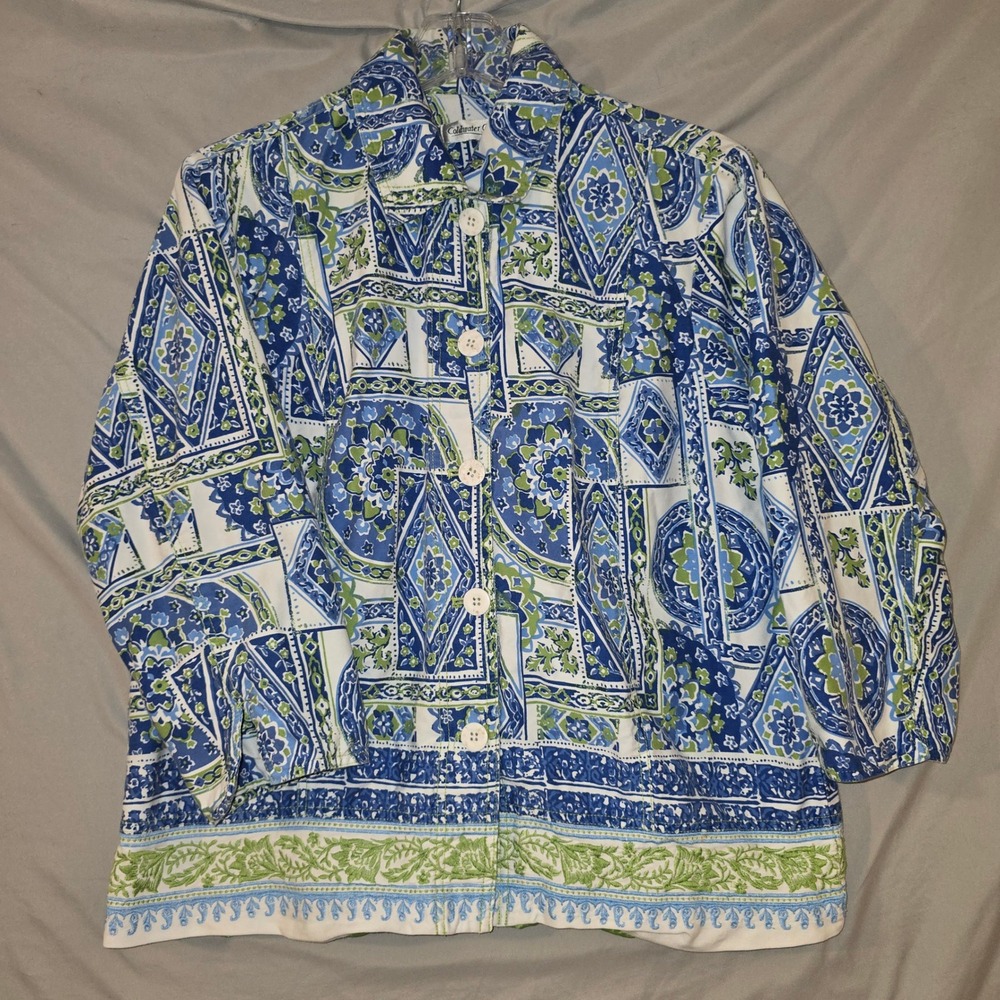 Coldwater Creek Jacket L Women Blue Green Paisley Geometric Button Up Lined